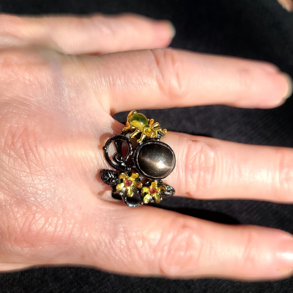 Natural smokey cats eye Sun Stone peridot ruby ring sz7.5